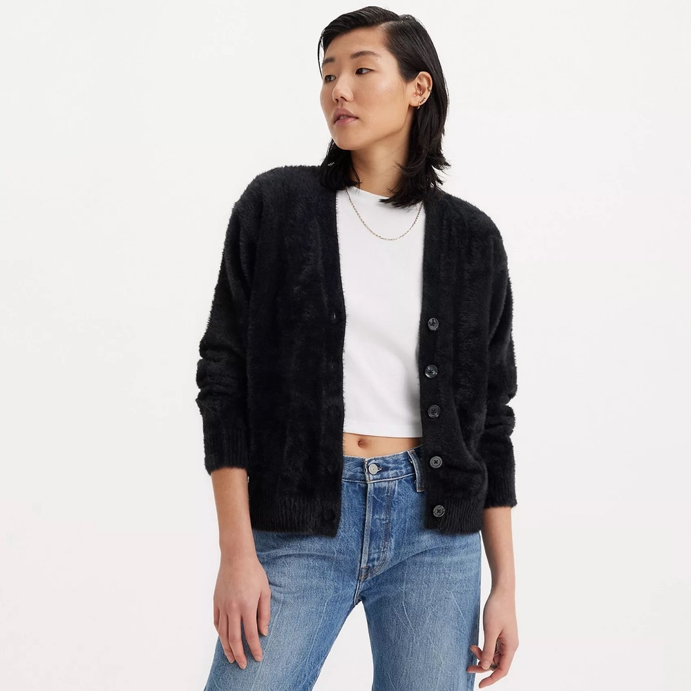 Levi’s Woman’s Betty Cardigan Sweater in Black Fuzzy Texture Supper Soft Size XS